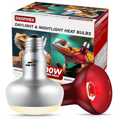 DXOPHIEX 2 Pack 100W Reptile Heat Lamp Bulbs Reptile Heat Bulbs, UVA Basking Bulb and Infrared Light Bulb Combo, Basking Light for Bearded Dragon, Turtles, Snake and Lizard - style: 100W Day & Night Heat Lamp