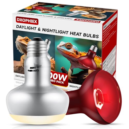 DXOPHIEX 2 Pack 100W Reptile Heat Lamp Bulbs Reptile Heat Bulbs, UVA Basking Bulb and Infrared Light Bulb Combo, Basking Light for Bearded Dragon, Turtles, Snake and Lizard - style: 100W Day & Night Heat Lamp