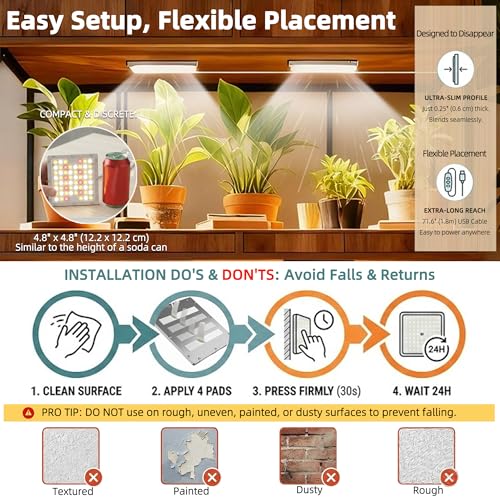 Dual Head Under Shelf Grow Light, USB Powered Stick On LED Under Cabinet Plant Light with Timer, Full Spectrum High PPFD Puck Lights for Shelves, Plant Stands, Indoor Plants, Multi-Plant Coverage - size: Dual Head - 2 x 60 LED