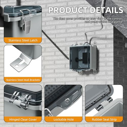 Joinfworld 6x6x4 Outdoor Electrical Box Weatherproof Junction Box | IP67 Waterproof ABS Box with, Stainless Latch, Aluminum DIN Rail, 3 NPT1/2" Fittings for Starlink, Pump & Home DIY - size: 5.9"x5.9"x3.5" Clear