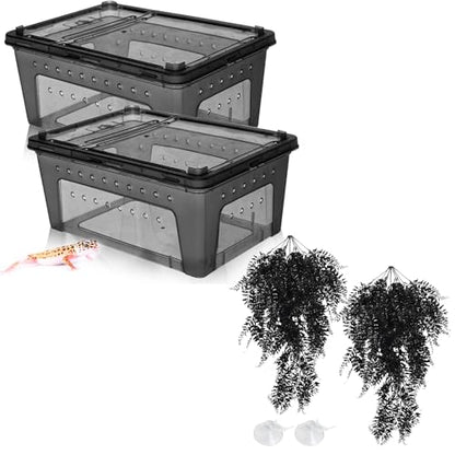 Hamiledyi 2PCS Reptile Feeding Box Snake Breeding Box Transparent Animal Habitat Cage and Reptile Plants Fake Amphibian Plants 2 Pcs Artificial Leaves for Snake, Lizard, Chameleon