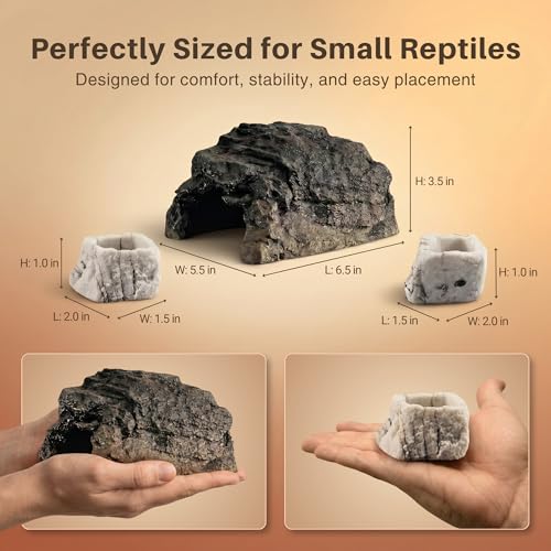 Reptile Hide Cave Set - Resin Rock Hideout with 2 Food and Water Bowls, Small Reptile Tank Accessories for Gecko, Frog, Young Bearded Dragon and Amphibian Habitat