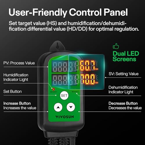 VIVOSUN Humidity Controller, 1200W Dual-Stage Outlet, Pre-Wired Digital Humidistat with Dual LED Displays for Humidifier/Dehumidifier/Fan, Ideal for Greenhouse, Grow Tent, Home-Brewing, Mushroom