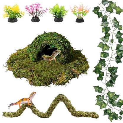 8 Pcs Reptile Hides and Caves Leopard Gecko Tank Accessories Bendable Moss Vine for Reptiles Fake Leaves Potted Plants for Terrarium Vivarium Hide