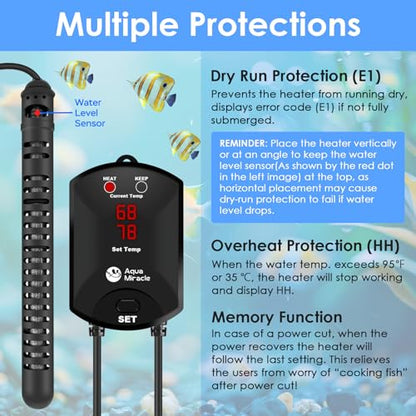 AquaMiracle Aquarium Heater Fish Tank Heater 300W with Dry-Run/Overheating Protection and Memory Function, External Thermostat with LED Digital Display, for Tanks 40-75 Gallons