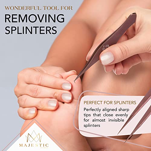 Majestic Bombay Fine Point Tweezers for Women and Men – Splinter Ticks, Facial, Brow and Ingrown Hair Removal–Sharp, Needle Nose, Surgical Tweezers Precision Pluckers best tweezers for chin hair - color: Rose Gold