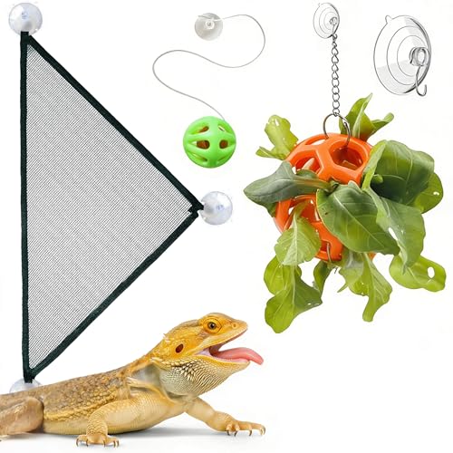 Bearded Dragon Hammock and Feeder Ball Set - 2 Pack Red Mesh Lizard Lounger Bed with Strong Suction Cups, Interactive Reptile Toy for Climbing, Basking & Foraging Tank Accessories
