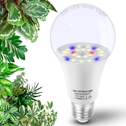 Grow Light Bulbs for Indoor Plants Full Spectrum E26 A19 10W,Grow LED Light Bulb with Balanced Spectrum 5000K Blue Red for Seeds Greens Laboratory,School,Greenhouse, Indore Garden, Hydroponic,1Pcs - size: E26