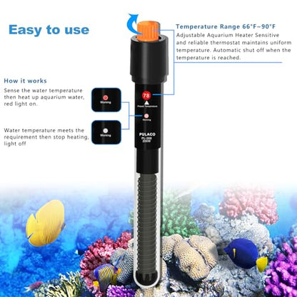 PULACO 200Watt Aquarium Heater for 25-50 Gallon Fish Tank, Adjustable Submersible Heater Thermostat with Thermometer Strip and Suction Cup