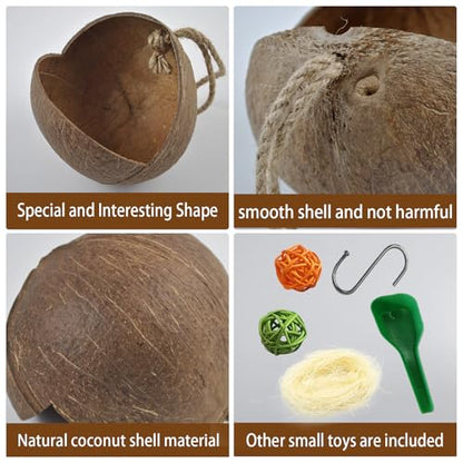 kathson Natural Coconut Shell Bird Nest,Hanging Coconut for Birds Parakeet Coconut Hut Coco Shell Bird House Cage Accessories Decoration for Parrots Lovebird Parakeets Finch Canary - size: [M:9.8 x 5.1 x 5.1 lnches]