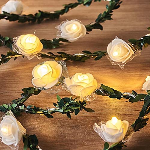 White Artificial Foam Rose with Lace Flower Garland String Light, 9FT 20 LED Warm White Battery Operated Fairy Lights for Wedding Home Bedroom Birthday Garden Party Decor - color: Rose Lace Flower Garland