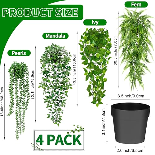 Palonu Artificial Hanging Plants for Shelf, 4 Pack Fake Potted Greenery Plant Faux Mandala Vine, String of Pearls, Ivy Vine,Persian Grass Fern in Pot for Desk Home Bathroom Farmhouse Room Table Decor