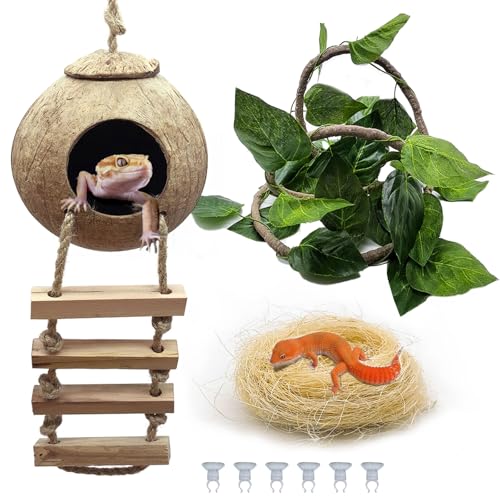 Tfwadmx Crested Gecko Coconut Hide,Leopard Gecko Coco Hut Hideout Cave with Ladder,Reptile Hanging Coconut Hut & Climbing Vine,Ideal Habitat Accessory for Hermit Crab, Snake,Lizard