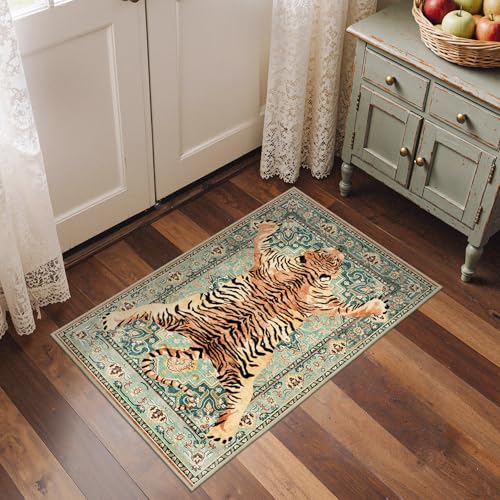 Bavni 2x3 Tiger Rug, Machine Washable Animal Print Small Low Pile Boho Woodland Jungle Carpet, Non-Slip Non-Shedding Pet Friendly Door Mat for Living Room Playroom Bedroom Entryway, Green - color: Area Tiger/Green, size: 2'x3'