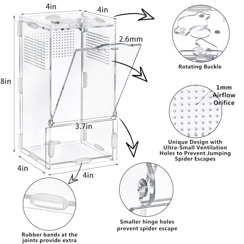 VERTUPET 4"x4"x8" Acrylic Jumping Spider Enclosure, Clear Arboreal Reptile Habitat Tank with Secure Locking Latch for Frogs, Crickets, and Snails, New