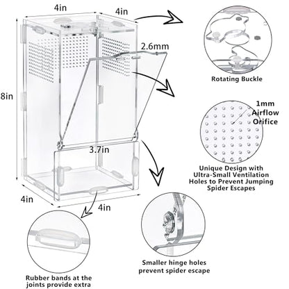 VERTUPET 4"x4"x8" Acrylic Jumping Spider Enclosure, Clear Arboreal Reptile Habitat Tank with Secure Locking Latch for Frogs, Crickets, and Snails, New