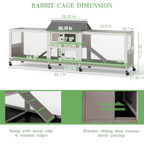 Extra Large 2-Story Rabbit Hutch Indoor and Outdoor with Dual Run Areas for 2-6 Rabbits & Guinea Pig, Wooden Bunny Hutch with 4 Pull-Out Trays, 2 Chew-Proof Ramps, Asphalt Roof, 8 Lockable Wheels - size: PET81