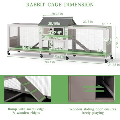 Extra Large 2-Story Rabbit Hutch Indoor and Outdoor with Dual Run Areas for 2-6 Rabbits & Guinea Pig, Wooden Bunny Hutch with 4 Pull-Out Trays, 2 Chew-Proof Ramps, Asphalt Roof, 8 Lockable Wheels - size: PET81