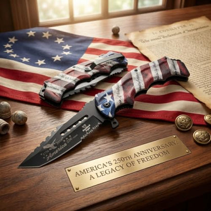Snake Eye Tactical 8.5" Heavy Duty Folding Pocket Knife – Black Reverse Tanto Half Serrated 3CR13 Steel Blade, Printed Metal Declaration of Independence Flag Handle, 250th Anniversary Edition - color: USA Flag