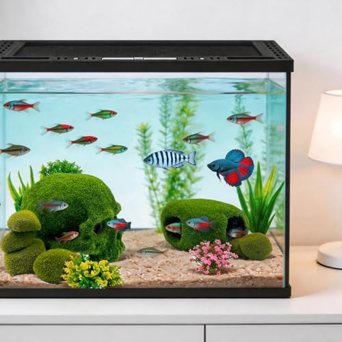 SNAIL GARDEN 8pcs Aquarium Decor, 4.5" Realistic Moss Skull Hideout & Mossy Rock Reptile Cave with 6pcs Algae Balls,Resin Fish Tank Decorations Shrimp Cave Aquarium Betta Fish Hiedout Reptile Habitat