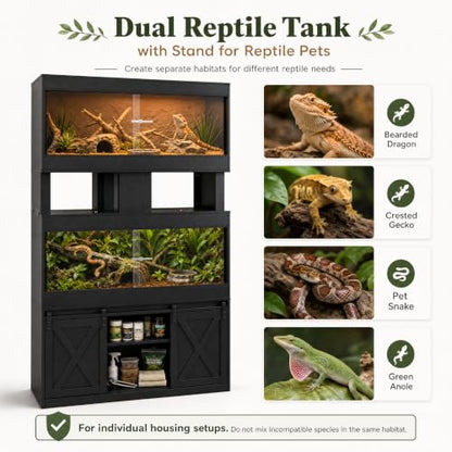 Cushore Double 4x2x2 Reptile Enclosure with Stand, Solid Wood 120 Gallon Reptile Terrarium, Bearded Dragon Tank Stand with Sliding Door and 2 Cabinets for Snake, Lizard, Crested Gecko, Black