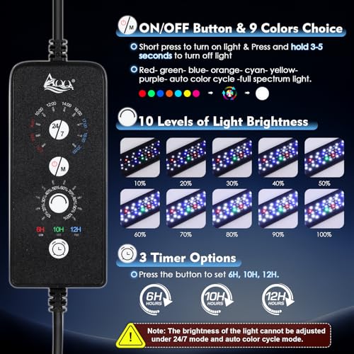 AQQA LED Aquarium Light 24W for 12-18 Inch Fish Tank, 24/7 Mode&DIY Mode Full Spectrum Fish Tank Light, IP68 Waterproof High Lumen Aquarium Plant Light, Adjustable Brightness/Timer, Memory Function - size: For 12'' - 18'' Tank