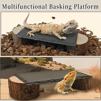Bearded Dragon Basking Platform,Reptile Basking Platform Slate Rocks with Wooden Pile,Leopard Gecko Hides and Caves Climbing Tank Accessories for Lizards Snakes Tortoise Ball Python(Small)