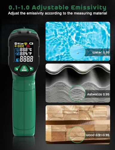 Infrared Thermometer Gun,SQECH Laser Thermometer Gun -58℉～1472℉(-50℃～800℃),Temperature Gun with Ambient Temperature&Humidity/Adjustable Emissivity/Color Backlight for Cooking, Oven,Engine,HVAC - color: Green(-58℉～1472℉)