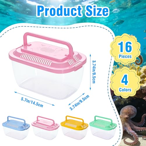 16 Pack Plastic Fish Tank, Small Reptile Terrariums Carrier Cage | Fish Bowls with Handle and Lids, Tarantula Enclosure Snake Breeding Case, Mini Fish Box for Pets Candy Party Decoration