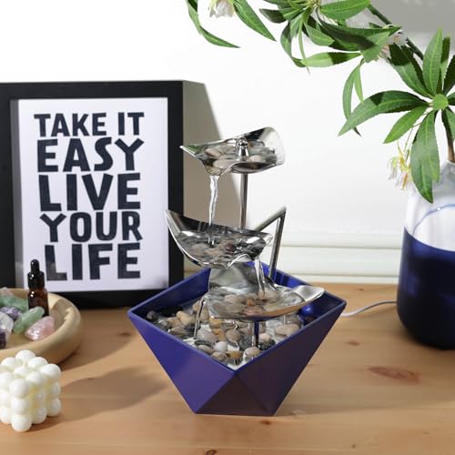 Tabletop Water Fountain Indoor - Handcrafted 3-Tier Waterfall 304 Metal | Easy "+" "-" On/Off Switch, Quiet Pump, Zen Relaxation for Office, Living Room, or Bedroom, Durable Desktop Fountain - color: Blue