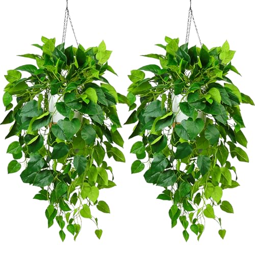 Hanging Plant Artificial Ivy – 40" Fake Potted Plants with Pot, 2PCS Trailing Greenery Vines for Indoor Shelf, Bedroom, Living Room, Bathroom, Office, or Outdoor Porch Decoration - color: Dark Green