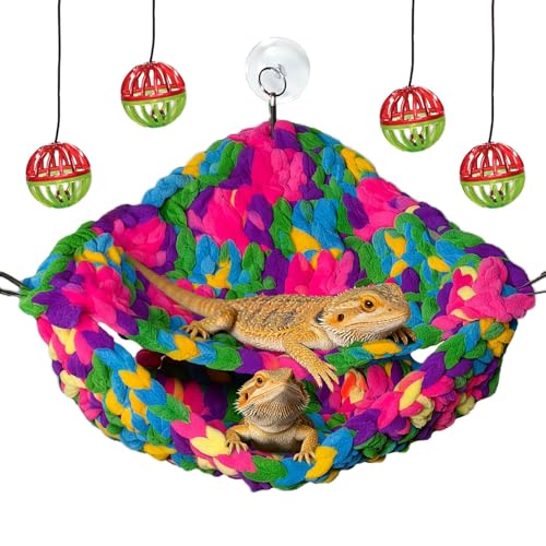 Bearded Dragon Hammock Lounger with Suction Cups Bells,Double-Layer Reptile Hammock, Soft Hanging Lizard Bed Climbing Toys Swing Tank Accessories for Lizard Gecko Chameleon Snake (Red)