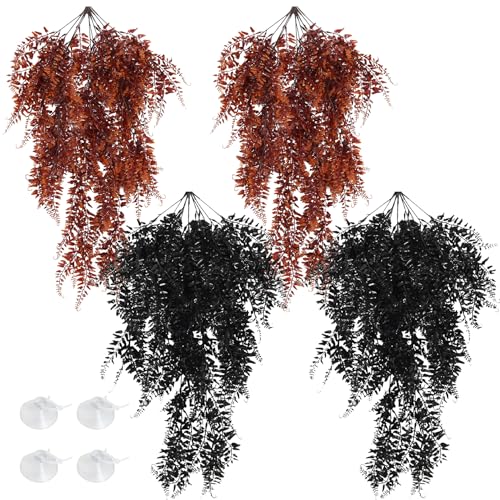 Hamiledyi Reptile Plants Hanging Terrarium Plants 4 Pack Fake Artificial Leaves with Suction Cup for Snake, Lizard, Chameleon (Red & Black) - color: 2 Pcs Black +2 Pcs Red Reptile Plants