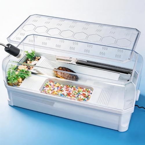 Turtle Tank Kit with 3-Stage Filter, Basking Platform & Heat Lamp - Complete Turtle Aquarium Habitat for Water Turtles, Enclosure or Hermit Crab Tank, Easy Drain Starter Kit White, 25.9 Inch - color: White, size: 25.9x13.1x11.0 Inch