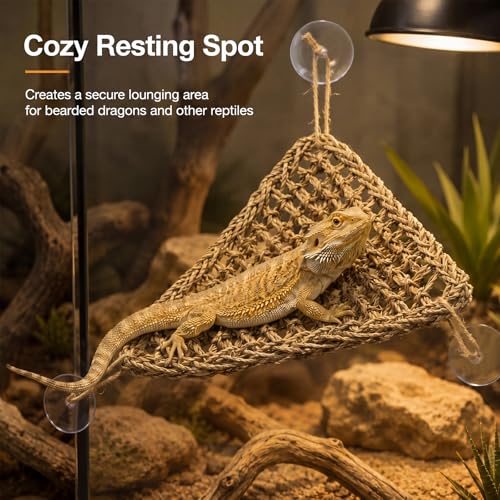 Dansydaisy 4 Pcs Bearded Dragon Reptile Hammock Large Set, Woven Lounger with Strong Suction Cups, Includes 2 Rectangle (29.5" x 7.1") and 2 Triangle (12.6" x 16.5") Climbing Beds for Geckos Iguanas - size: 29.5" X 7.1"，12.6" X 16.5"