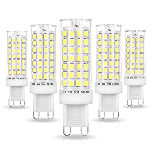 Ziomitus No Flicker G9 Led Bulbs Dimmable Daylight 6000K,Replace 40W 50W 60W Halogen,AC120V Dimmable G9 6W LED Cool White for Chandelier Pendant Ceiling Lamp(5Pack) - color: Daylight White, size: 6 Watts