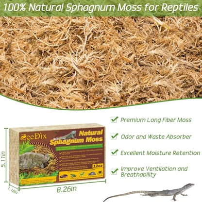 ZeeDix 12 OZ Premium Sphagnum Moss for Reptiles, 20 QT Natural Reptile Moss for Terrarium, Dried Long Fibered Sphagnum Peat Moss Bedding for Leopard Gecko Frogs Anoles Snake Ball Python Turtle - size: 12 OZ