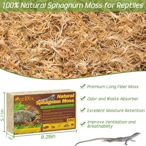 ZeeDix 12 OZ Premium Sphagnum Moss for Reptiles, 20 QT Natural Reptile Moss for Terrarium, Dried Long Fibered Sphagnum Peat Moss Bedding for Leopard Gecko Frogs Anoles Snake Ball Python Turtle - size: 12 OZ