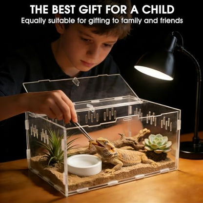 Acrylic Reptile Terrarium, Tarantula Enclosure with Magnetic Door, Easy-Clean Reptile Tank for Spider, Insect, Gecko, Mantis, Frog, Snail, Isopods- 11.4" X 7.8" X 5.9"(Tweezer and Bowl Included)