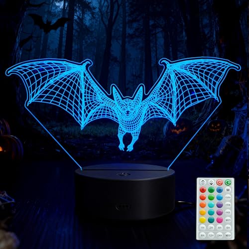 Bat 3D Night Light, Bat Halloween Decor, 16 Colors with Remote Control, Timer, RGB Flashing Mode, Dimmable LED Illusion Lamp, Cool Birthday Halloween Christmas Decor - color: Color 12