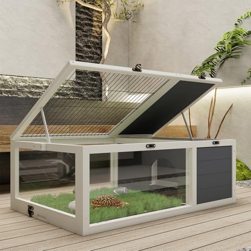 ZSQ 39.5" Wood Tortoise House, Indoor Outdoor Reptile Habitat with 3 Observation Windows & Removable Waterproof Trays, Turtle Habitat Reptile for Small Animals Lizards, Geckos, and Snakes