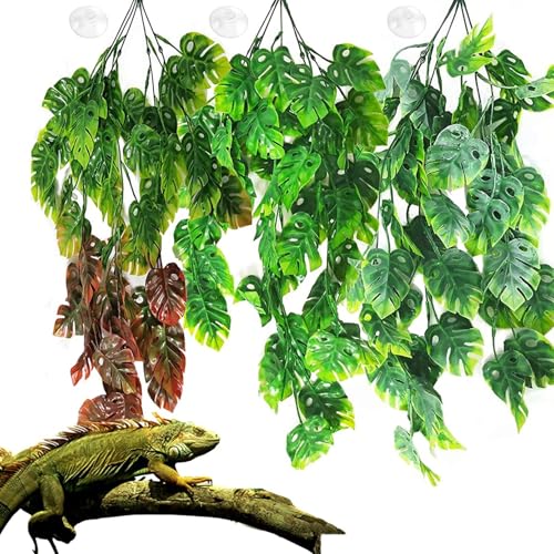 Hamiledyi Fake Plant Reptile Tank Hanging Plants with Suction Cup 3pcs Leaves Vines for Reptile Tank Bearded Dragons,Lizards,Geckos,Snake and Hermit Crab Tank Habitat Decorations 30 Inches Green - color: 3pcs Monstera