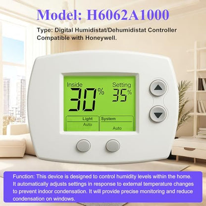 H6062A1000 Digital Humidistat/Dehumidistat Compatible with Honeywell H6062A1000 HumidiPro, OEM Upgrade H6062A1000/U Digital Humidistat, Smart LCD Display Humidity Control for Home and Indoor. -2 Year