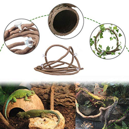 PINVNBY Bearded Dragon Tank Accessories,Lizard Habitat Hammock Reptile Natural Coconut Shell Cave Jungle Climber Bendable Vines Leaves Decor for Gecko Chameleon Snakes Lizards(5 Pcs)