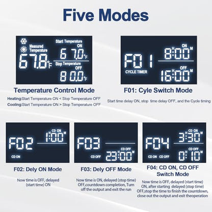 Digital Temperature Controller Thermostat Outlet Plug, 120V 15A Heating and Cooling Control with Sensor,Thermostat Timer LCD Display, Ideal for Reptiles, Greenhouses, and Brewing