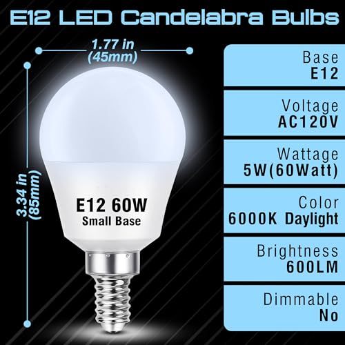 E12 LED Globe Candelabra Light Bulbs 60 Watt Equivalent, Daylight White 6000K, E12 A15 Light Bulbs Small Base for Chandelier Pendant Ceiling Fan Lighting, 5W 600lm, Non-Dimmable, 4 Pack - color: Daylight White, size: 60 Watts