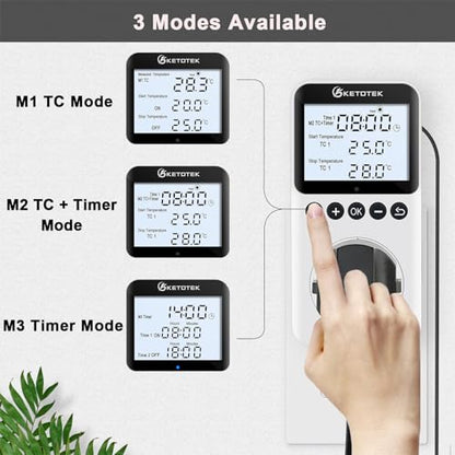 KETOTEK Plug in Thermostat Timer Temperature Controller Outlet with Backlight, Day/Night Thermostat Outlet Plug with Sensor for Reptile Terrarium Greenhouse, Digital Heating Cooling Temperature Switch - style: KT3200proBL with Backlit