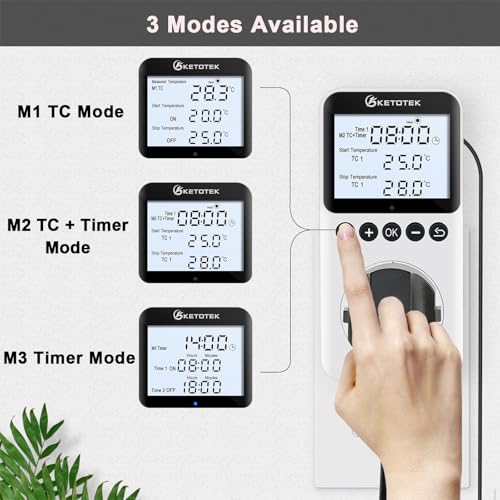 KETOTEK Plug in Thermostat Timer Temperature Controller Outlet with Backlight, Day/Night Thermostat Outlet Plug with Sensor for Reptile Terrarium Greenhouse, Digital Heating Cooling Temperature Switch - style: KT3200proBL with Backlit