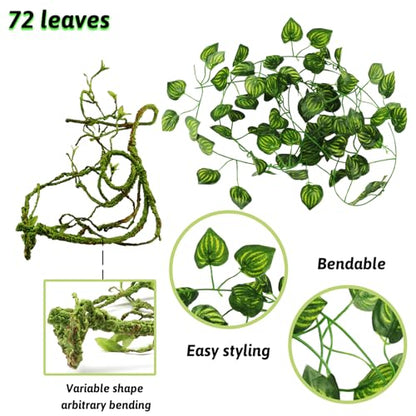 QUOZUO Reptile Plants, Terrarium Hanging Plant Vines Artificial Leaves Reptile Hide, Leopard Gecko Tank Accessories, Terrarium Decorations for Bearded Dragon Lizard Snake Chameleon