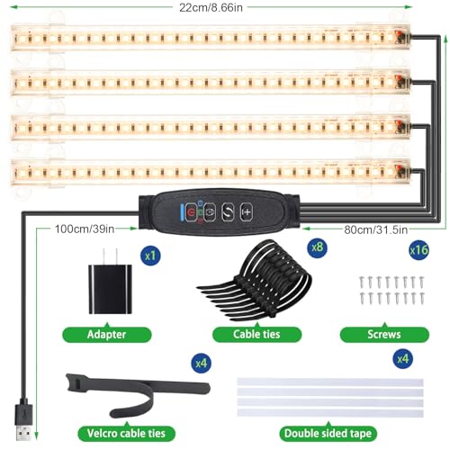 Four Head 8.6 Inches LED Grow Light Strips, Grow Lights for Indoor Plants Full Spectrum 3000K, 104 LEDs Plant Light with 10 Dimmable Levels, 3/9/12H Timer for Seedling Succulent and Plant Shelf - size: 8.6Inch 4 Head 1 Pack